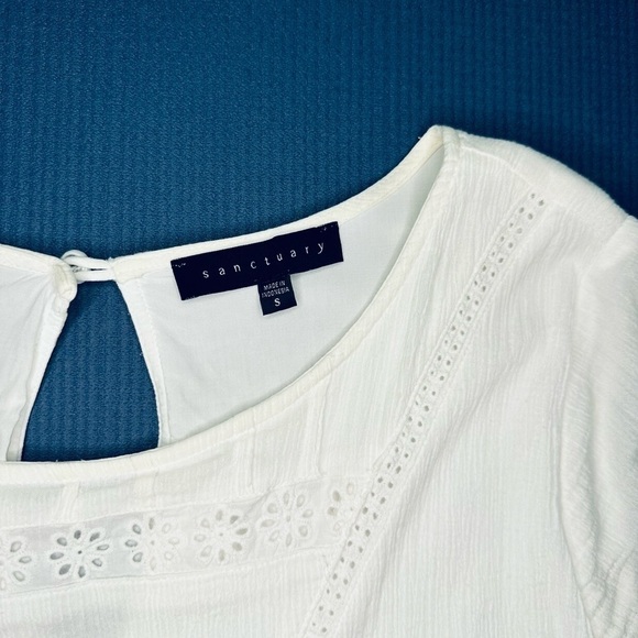 Sanctuary dress cotton eyelet trim pleated white 3/4 sleeves​ - Picture 11 of 16